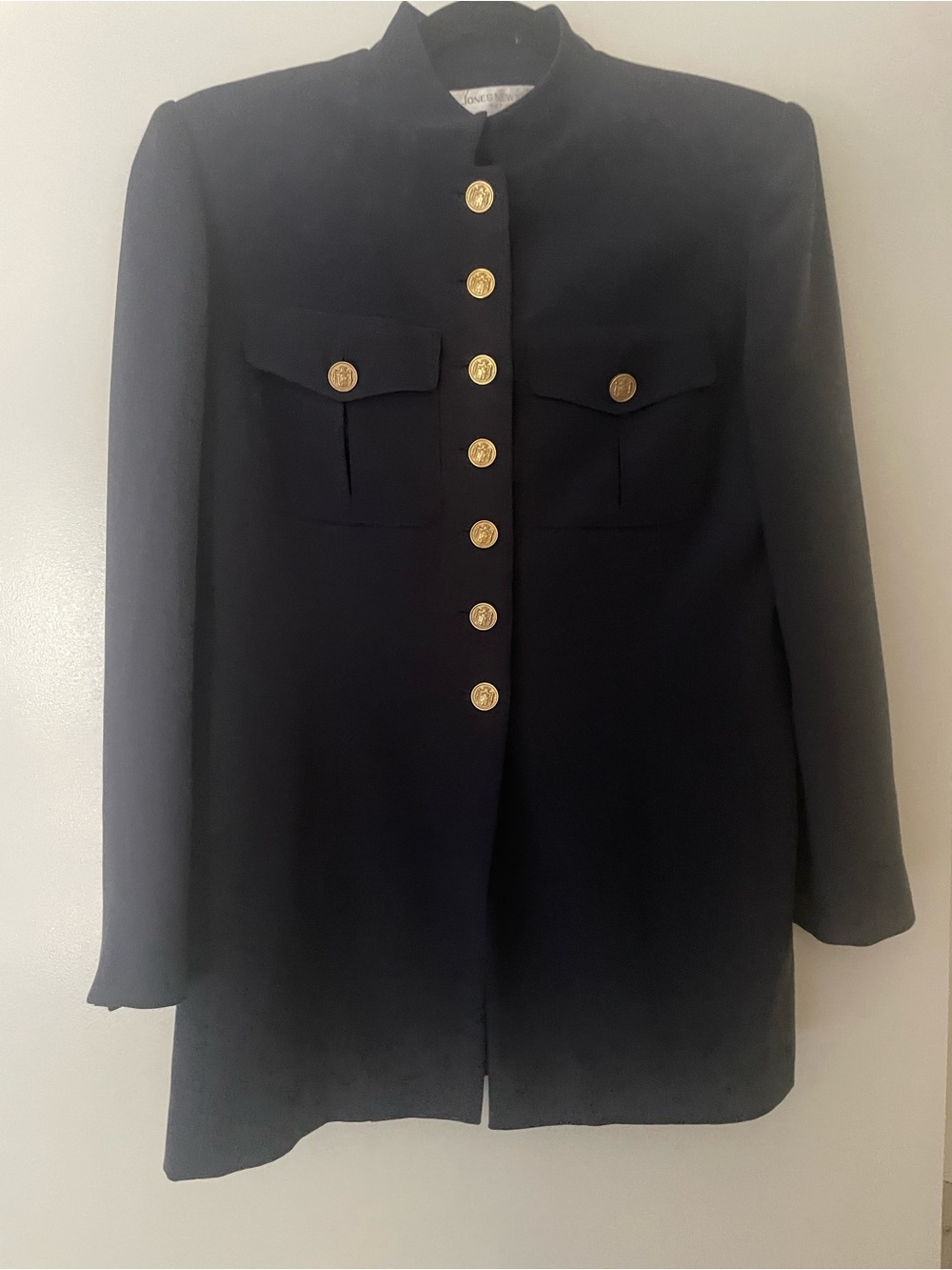 Classic navy Military-Style Women's Jacket with gold colored buttons.